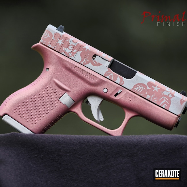 Floral Pattern Themed Glock 42 Cerakoted Using Satin Silver And Pink Champagne