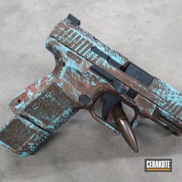 Copper Patina Canik Tp9 Pistol Cerakoted Using Robin's Egg Blue, Burnt Bronze And Copper