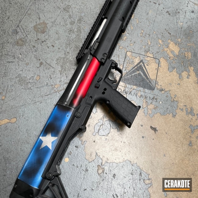 Distressed Texas Flag Themed Pump-action Shotgun Cerakoted Using Usmc Red, Bright White And Nra Blue