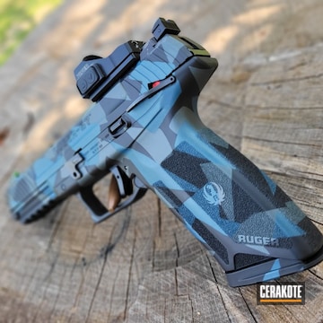 Kryptek Camo Ruger Pistol Cerakoted Using Platinum Grey, Graphite Black And Blue Titanium