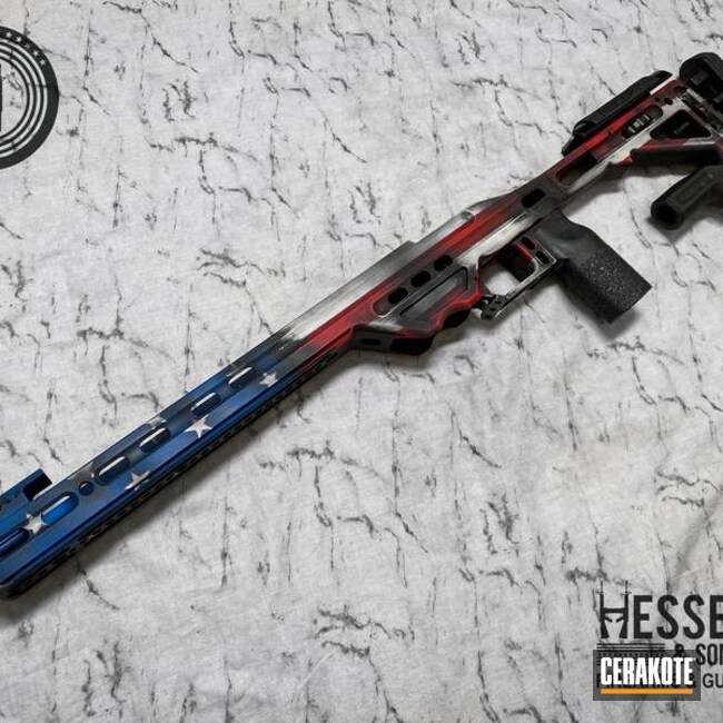 Distressed American Flag Bolt Action Rifle Cerakoted Using Ridgeway Blue, Armor Black And Stormtrooper White