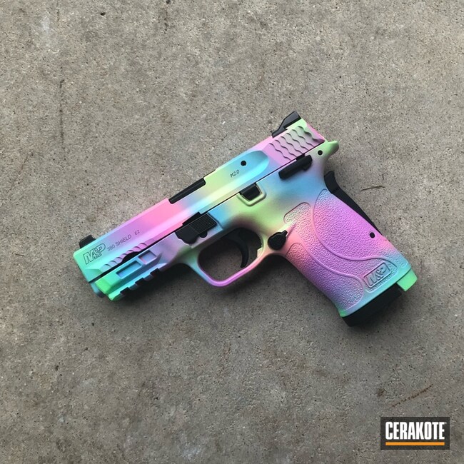 Unicorn Camo Smith & Wesson M&p Shield Cerakoted Using Pink Sherbet, Blue Raspberry And Parakeet Green