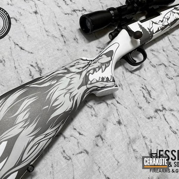 Wolf Themed Remington 700 Rifle Cerakoted Using Frost, Stormtrooper White And Platinum Grey