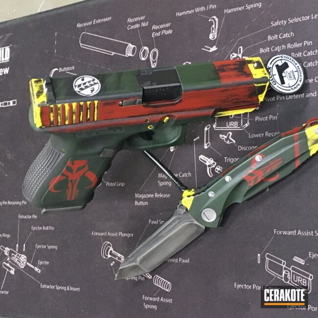 Boba Fett Themed Glock And Knife Cerakoted Using Crimson, Highland Green And Titanium