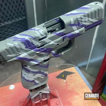 Vietnam Tiger Striped Themed Glock 22 Cerakoted Using Frost, Bull Shark Grey And Bright Purple