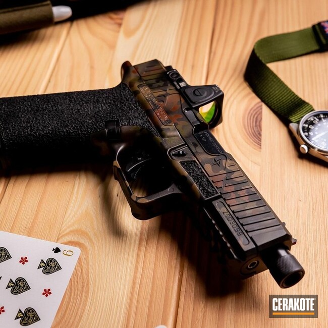 Custom Camo Triarc Systems Oz9 Pistol Cerakoted Using Armor Black, Multicam® Dark Brown And Sniper Green