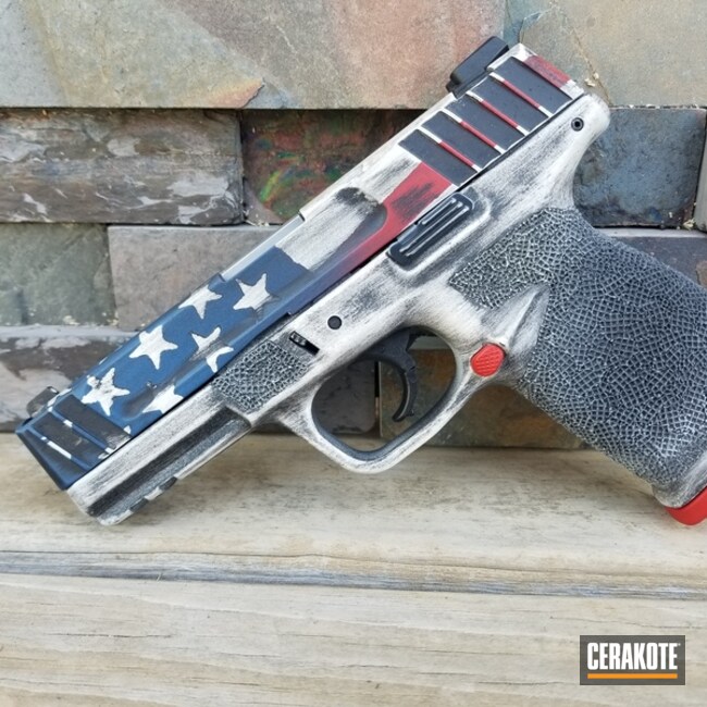 Distressed American Flag Themed Smith & Wesson Pistol Cerakoted Using Snow White, Usmc Red And Nra Blue
