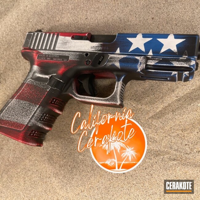 Distressed American Flag Themed Glock 19 Cerakoted Using Stormtrooper White, Usmc Red And Nra Blue
