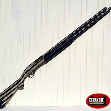 Distressed American Flag Themed Winchester Super X Shotgun Cerakoted Using Bright Nickel And Graphite Black