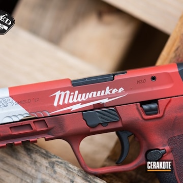 Milwaukee Tools Themed Smith & Wesson M&p Shield Cerakoted Using Hidden White, Graphite Black And Firehouse Red