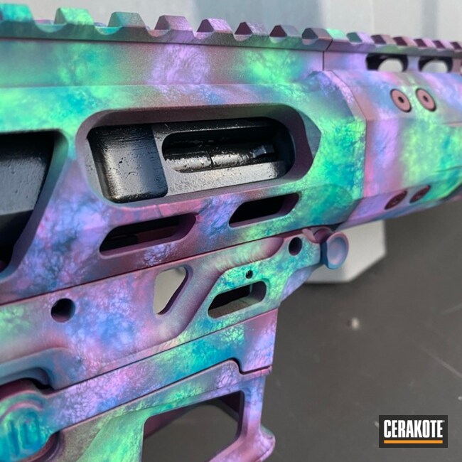 Freehand Camo Ar Cerakoted Using Black Cherry, Parakeet Green And Aztec Teal