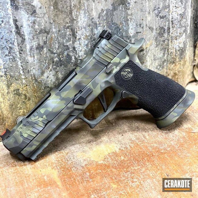 Custom Camo Sig Sauer P320 Pistol Cerakoted Using Hazel Green, Sig™ Dark Grey And Graphite Black