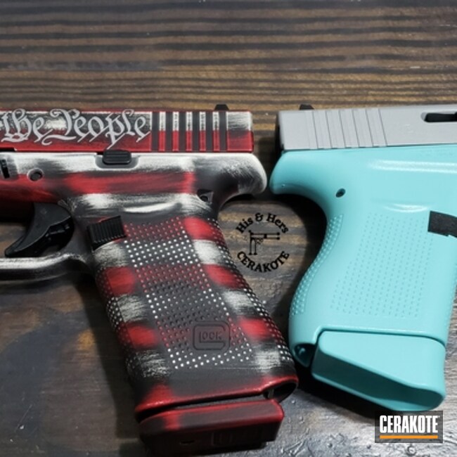 Glocks Cerakoted Using Snow White, Crushed Silver And Sky Blue