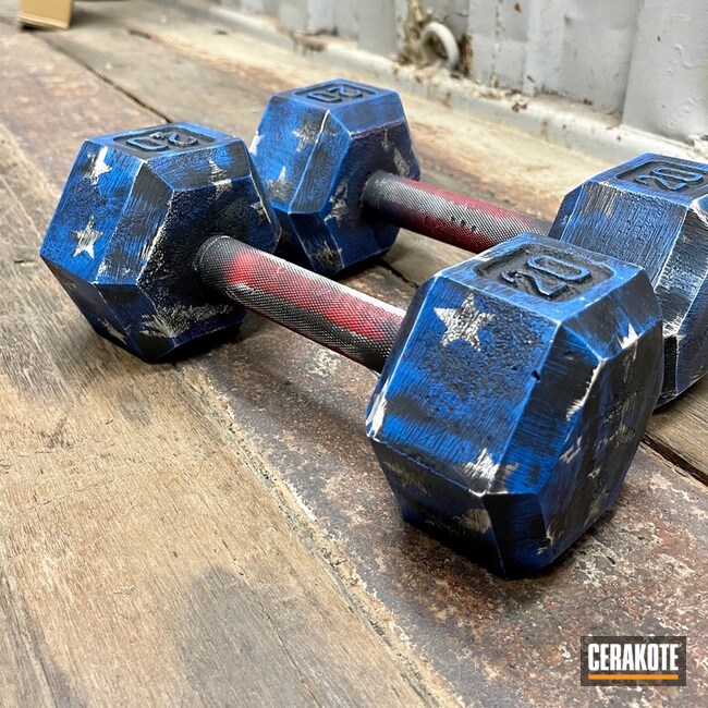 Distressed American Flag Themed Dumbells Cerakoted Using Armor Black, Snow White And Usmc Red