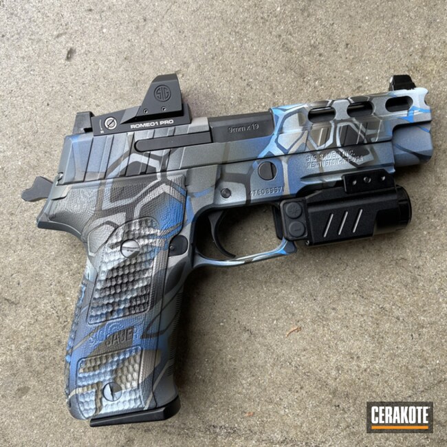 Kryptek Camo Sig Sauer P226 Pistol Cerakoted Using Hidden White, Steel Grey And Nra Blue