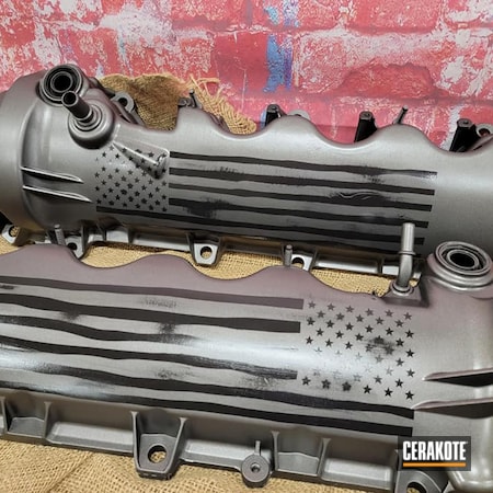 Powder Coating: Graphite Black H-146,Distressed,S.H.O.T,American Flag,Automotive,Valve Covers,US Flag,Tungsten H-237,HIGH GLOSS CERAMIC CLEAR MC-160,Automotive Parts,Distressed Flag