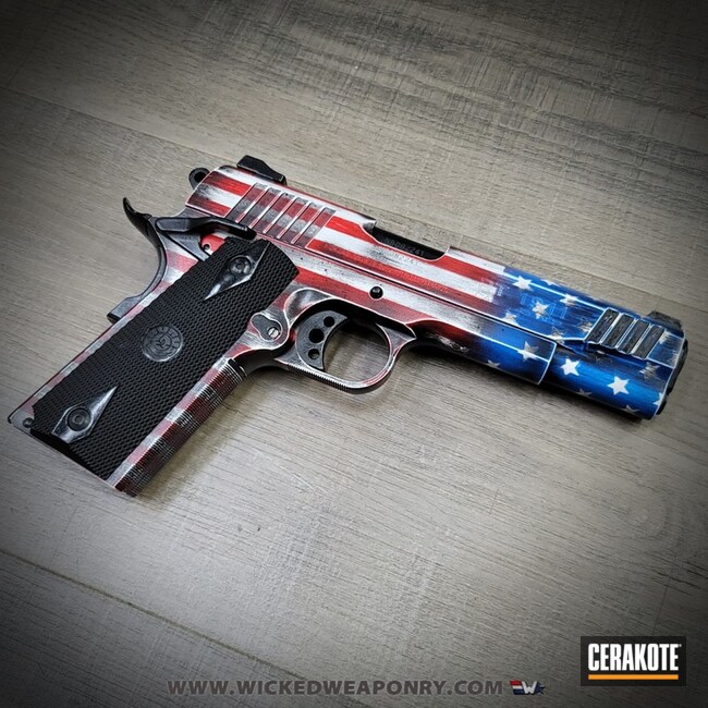 Distressed American Flag Themed Taurus 1911 Pistol Cerakoted Using Stormtrooper White, Usmc Red And Nra Blue