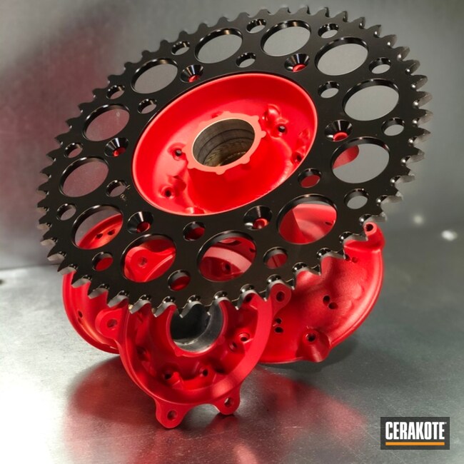 Wheel Hubs And Sprocket Cerakoted Using Usmc Red, High Gloss Ceramic Clear And Gloss Black