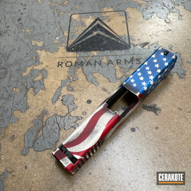 Distressed American Flag Themed Glock Slide Cerakoted Using Usmc Red, Bright White And Nra Blue