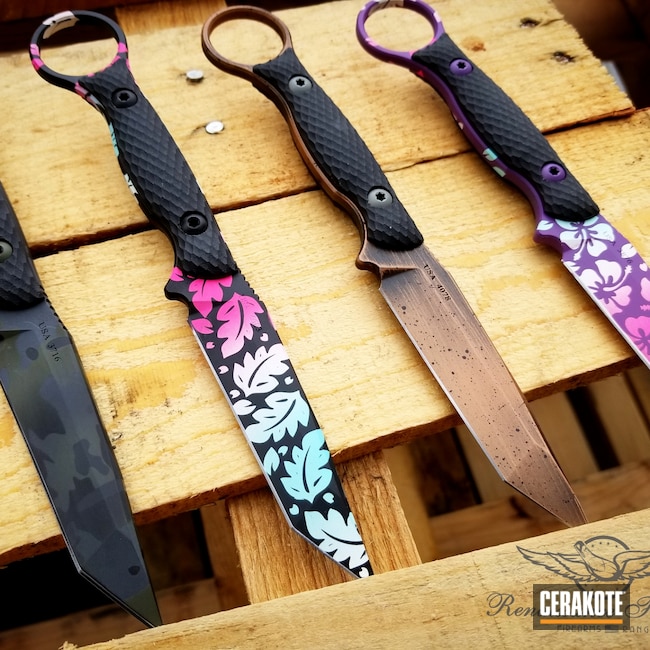 Cerakoted: S.H.O.T,COPPER H-347,Robin's Egg Blue H-175,Hawaiian,Snow White H-136,Fixed-Blade Knife,Prison Pink H-141,Flowers,Knives