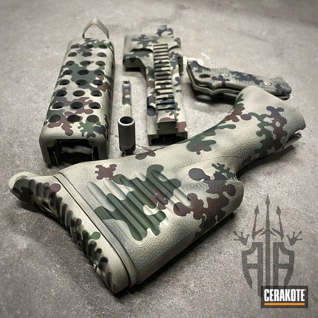 Custom Camo M240 Cerakoted using Desert Sage, Multicam® Dark Brown