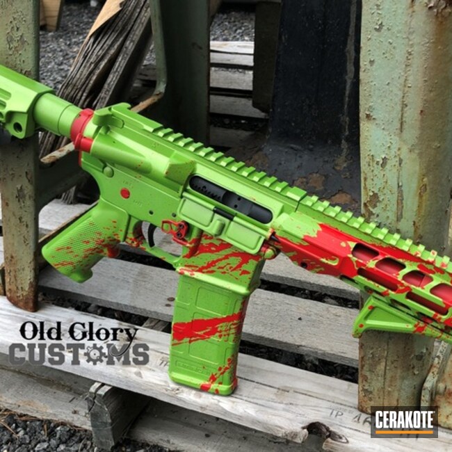 Blood Splatter Themed Ar Cerakoted Using Zombie Green, High Gloss Ceramic Clear And Stoplight Red