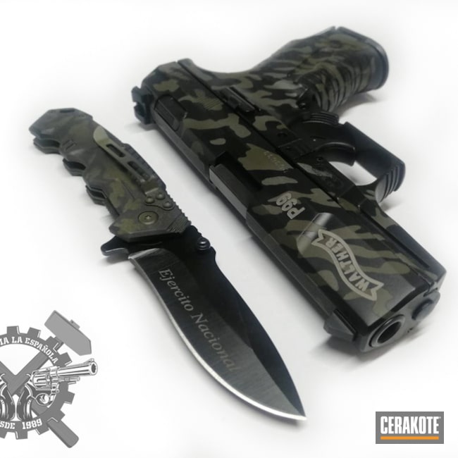 Custom Camo P99 And Knife Cerakoted Using O.d. Green, Graphite Black And Tungsten