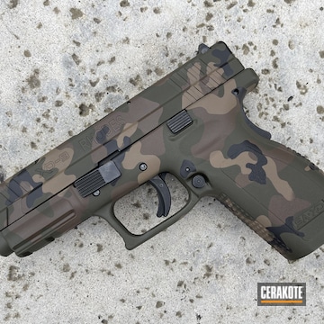Custom Camo Springfield Xdm Pistol Cerakoted Using Chocolate Brown, Graphite Black And O.d. Green