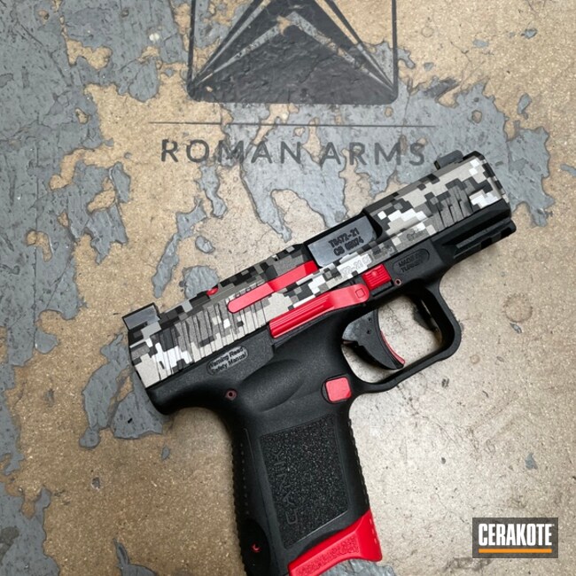 Digital Camo Canik Pistol Cerakoted Using Usmc Red, Titanium And Graphite Black