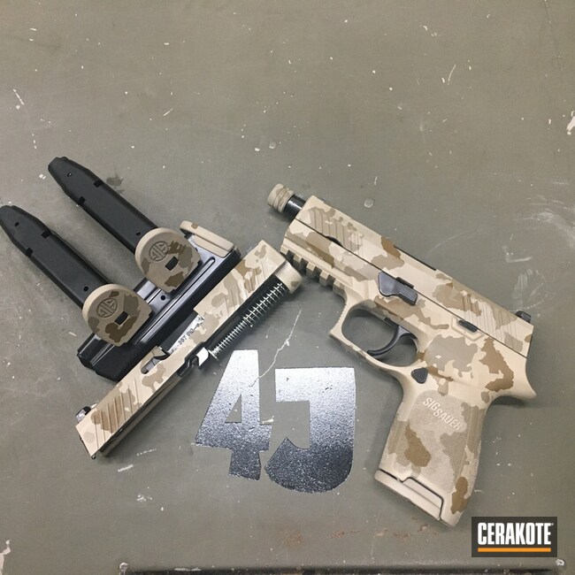 Custom Camo Sig Sauer P320 Pistol Cerakoted Using Desert Sand, Fs Field Drab And Mcmillan® Tan