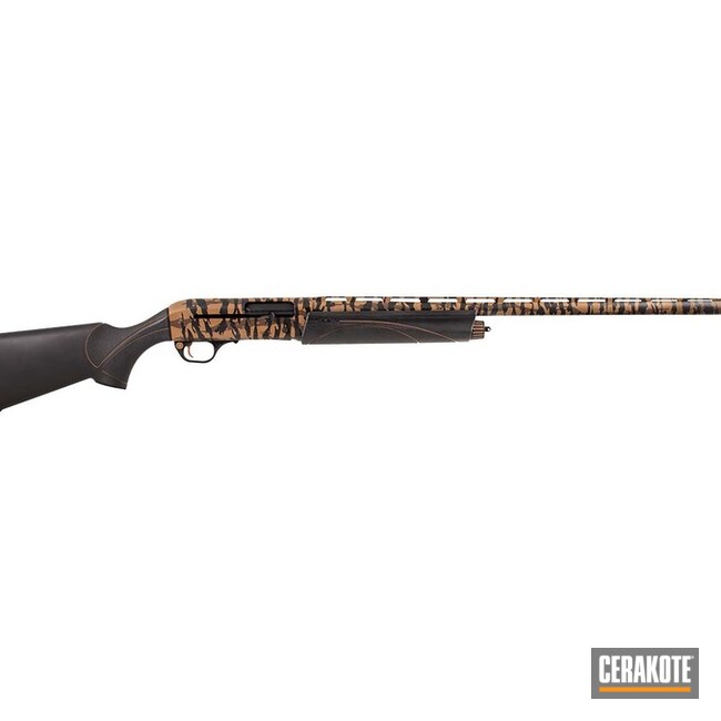 Tiger Stripes Themed Remington Shotgun Cerakoted Using Armor Black, Patriot Brown And Magpul® Flat Dark Earth