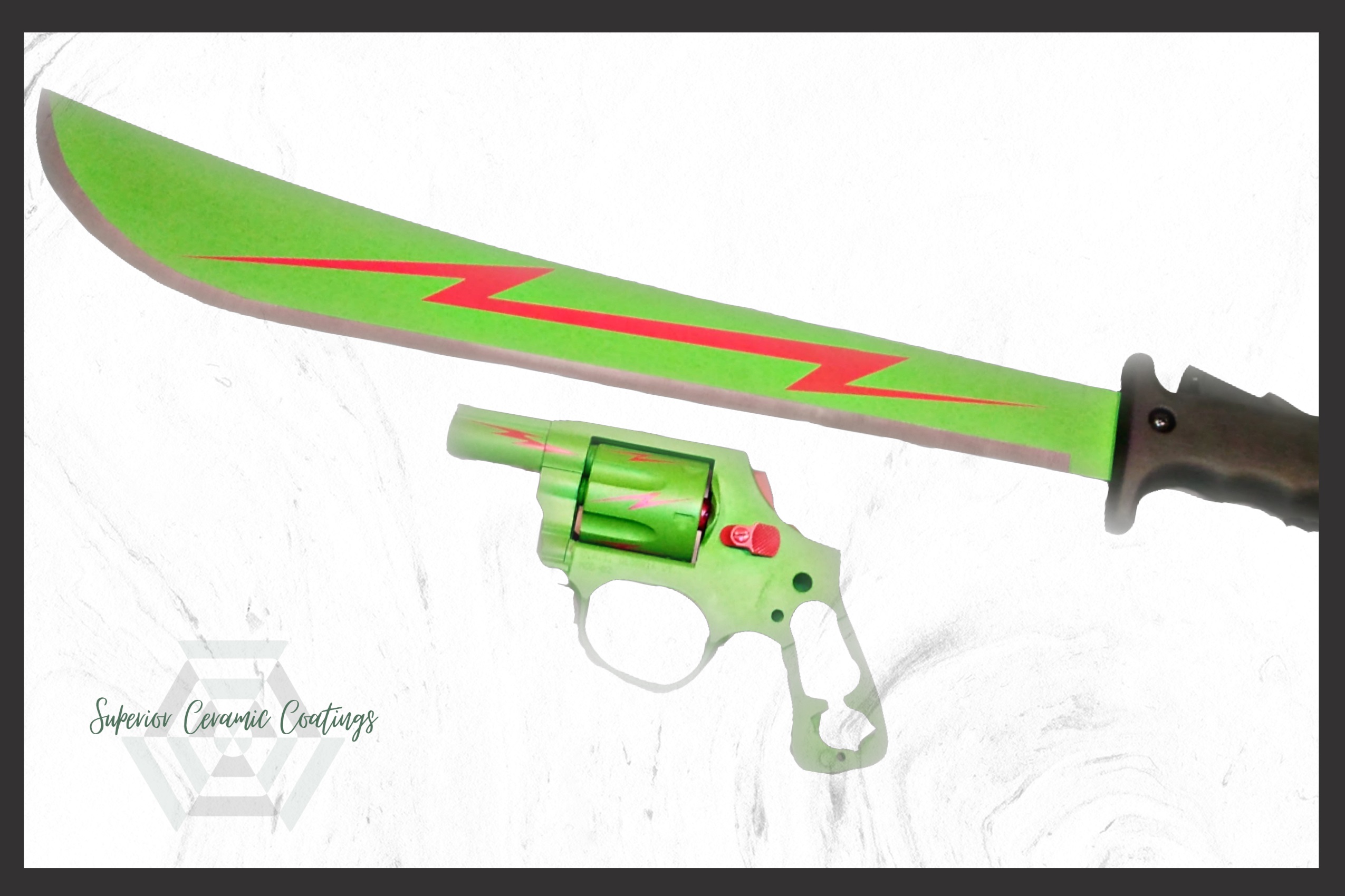 Machete and Revolver Cerakoted using Zombie Green and Ruby Red | Cerakote