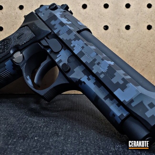 Digi Camo Beretta 92fs Pistol Cerakoted Using Multicam® Dark Grey, Sniper Grey And Graphite Black