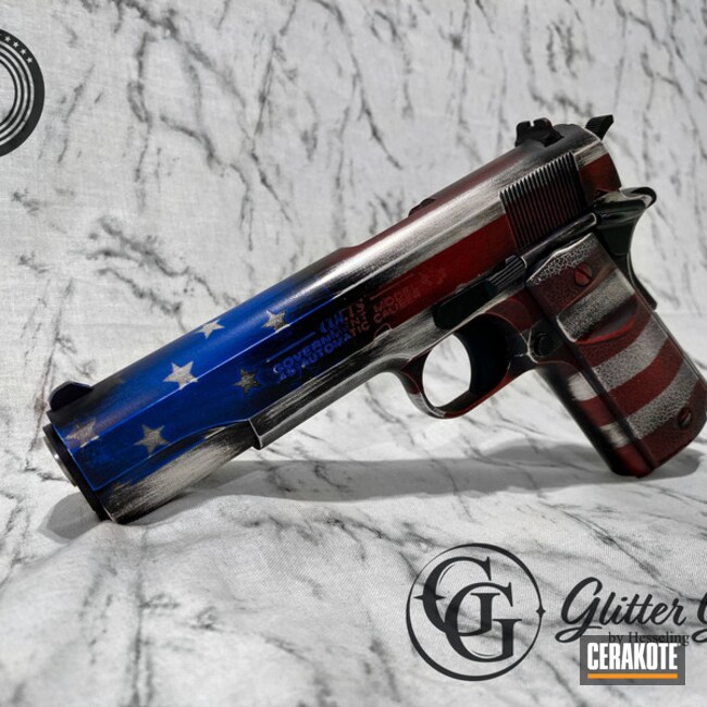 Distressed American Flag Colt 1911 Pistol Cerakoted Using Stormtrooper White, Habanero Red And Nra Blue