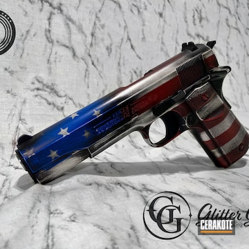 Distressed American Flag Colt 1911 Pistol Cerakoted Using Stormtrooper White, Habanero Red And Nra Blue