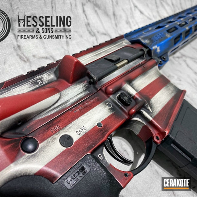 Distressed American Flag Themed Ruger Ar-15 Cerakoted Using Stormtrooper White, Habanero Red And Nra Blue