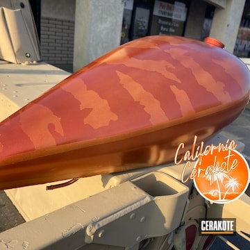 Motorcycle Gas Tank Cerakoted Using Habanero Red, High Gloss Ceramic Clear And Gold