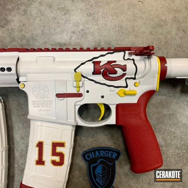 Chiefs Themed Ar Cerakoted Using Satin Aluminum, Stormtrooper White And Usmc Red