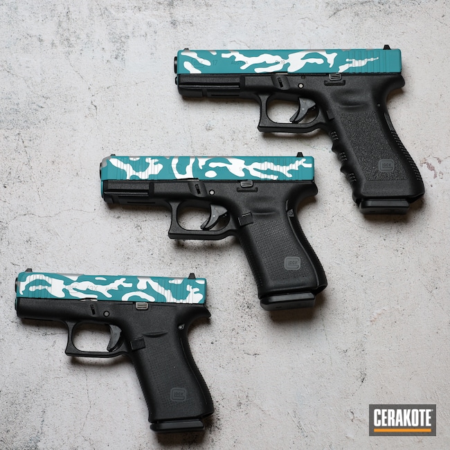 Cerakoted: S.H.O.T,9mm,AZTEC TEAL H-349,Satin Aluminum H-151,Glock,Custom Camo