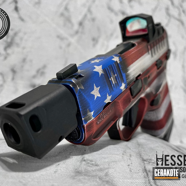 Cerakoted: S.H.O.T,Springfield Armory Hellcat,Armor Black H-190,American Flag,9mm,Patriotic,Patriot,NRA Blue H-171,Battleworn Flag,Stormtrooper White H-297,Distressed American Flag,HABANERO RED H-318,Springfield Armory