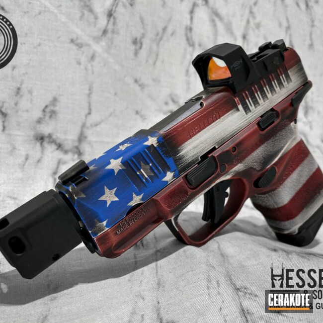 Distressed American Flag Themed Springfield Armory Hellcat Cerakoted Using Armor Black, Stormtrooper White And Habanero Red