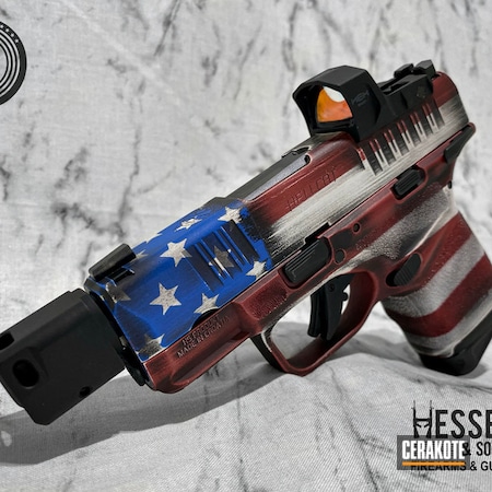 Powder Coating: 9mm,Patriot,S.H.O.T,Springfield Armory,Battleworn Flag,NRA Blue H-171,HABANERO RED H-318,Armor Black H-190,Stormtrooper White H-297,Springfield Armory Hellcat,Patriotic,American Flag,Distressed American Flag
