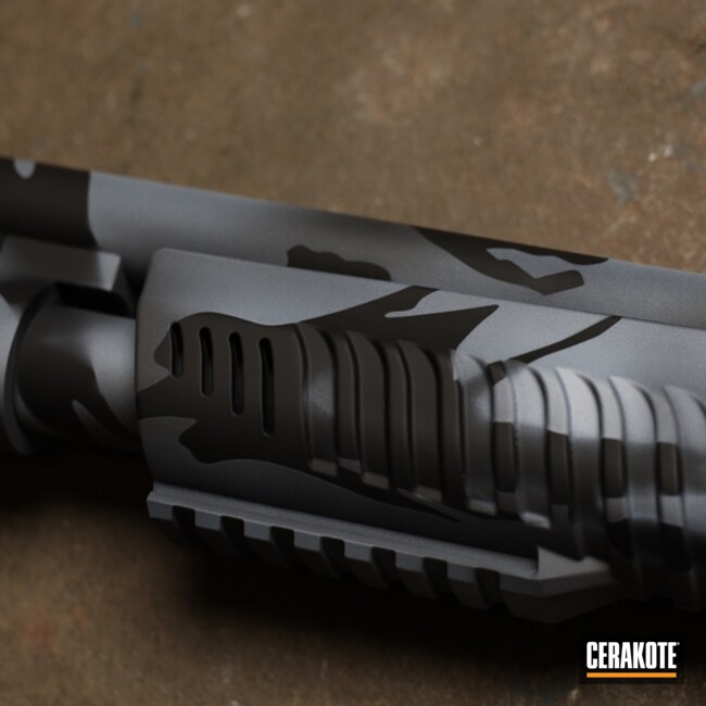 Custom Camo Shotgun Cerakoted Using Stormtrooper White, Sniper Grey And Graphite Black
