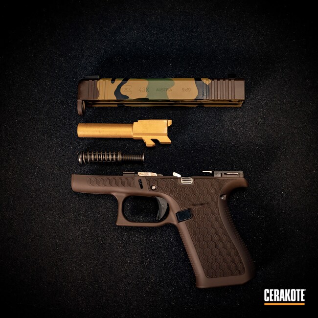 Cerakoted: S.H.O.T,Custom Glock,9mm,Custom Glock Frame,Stippling,Pistol,Glock,Glock Slides,Pistol Slides,Glock 43,Chocolate Brown H-258,Laser