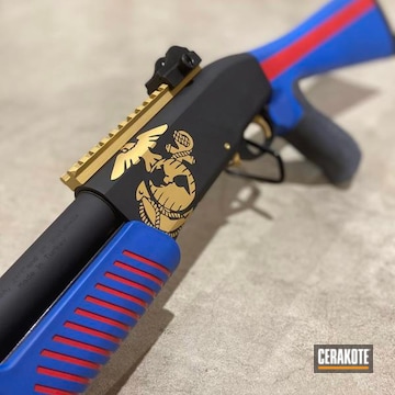 Weatherby Shotgun Cerakoted Using Armor Black, Usmc Red And Nra Blue