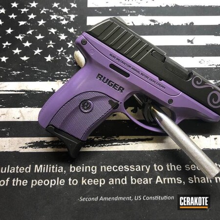Powder Coating: Stencil,S.H.O.T,Pistol,.380,Armor Black H-190,Ruger LCP,Bright Purple H-217