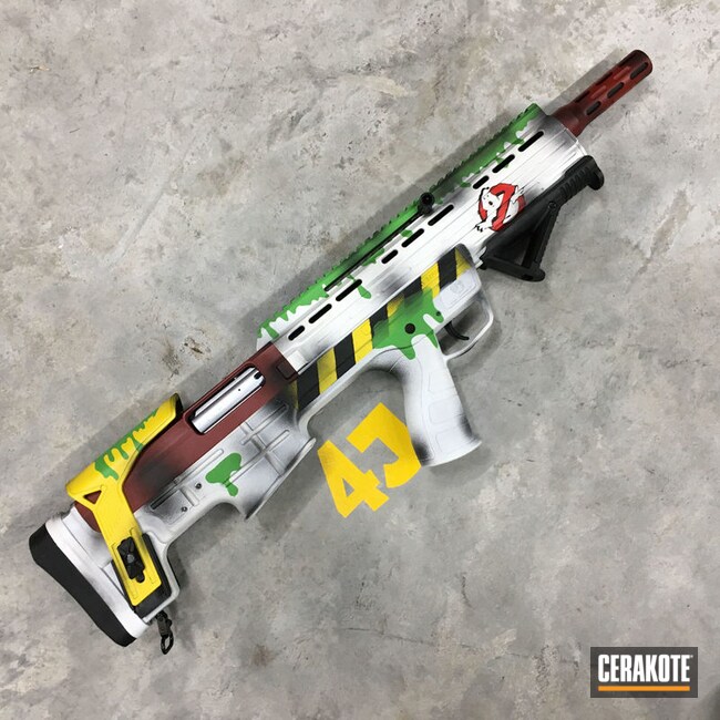 Ghost Busters Themed Bullpup Cerakoted Using Crimson, Bright White And Corvette Yellow