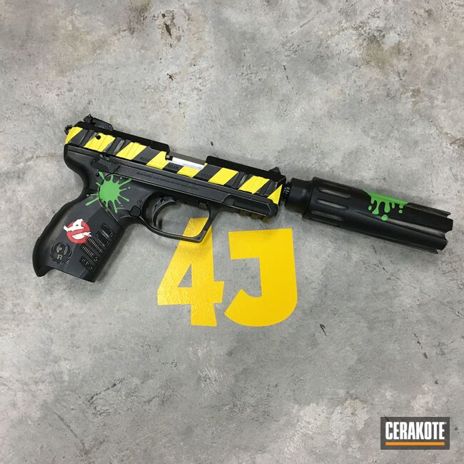 Ghostbusters Themed Ruger Sr22 Pistol Cerakoted Using Usmc Red, Corvette Yellow And Graphite Black