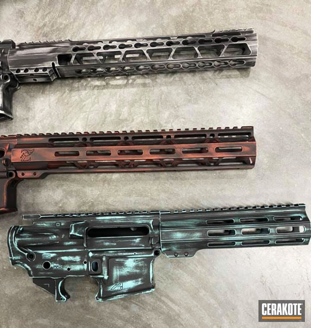 Battleworn AR Builder Sets Cerakoted using Bright White, Graphite Black