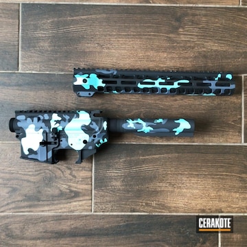 Custom Camo Ar Builders Set Cerakoted Using Gun Metal Grey, Graphite Black And Robin's Egg Blue